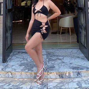 PLT Black Slinky Lace Up Detail Two Piece